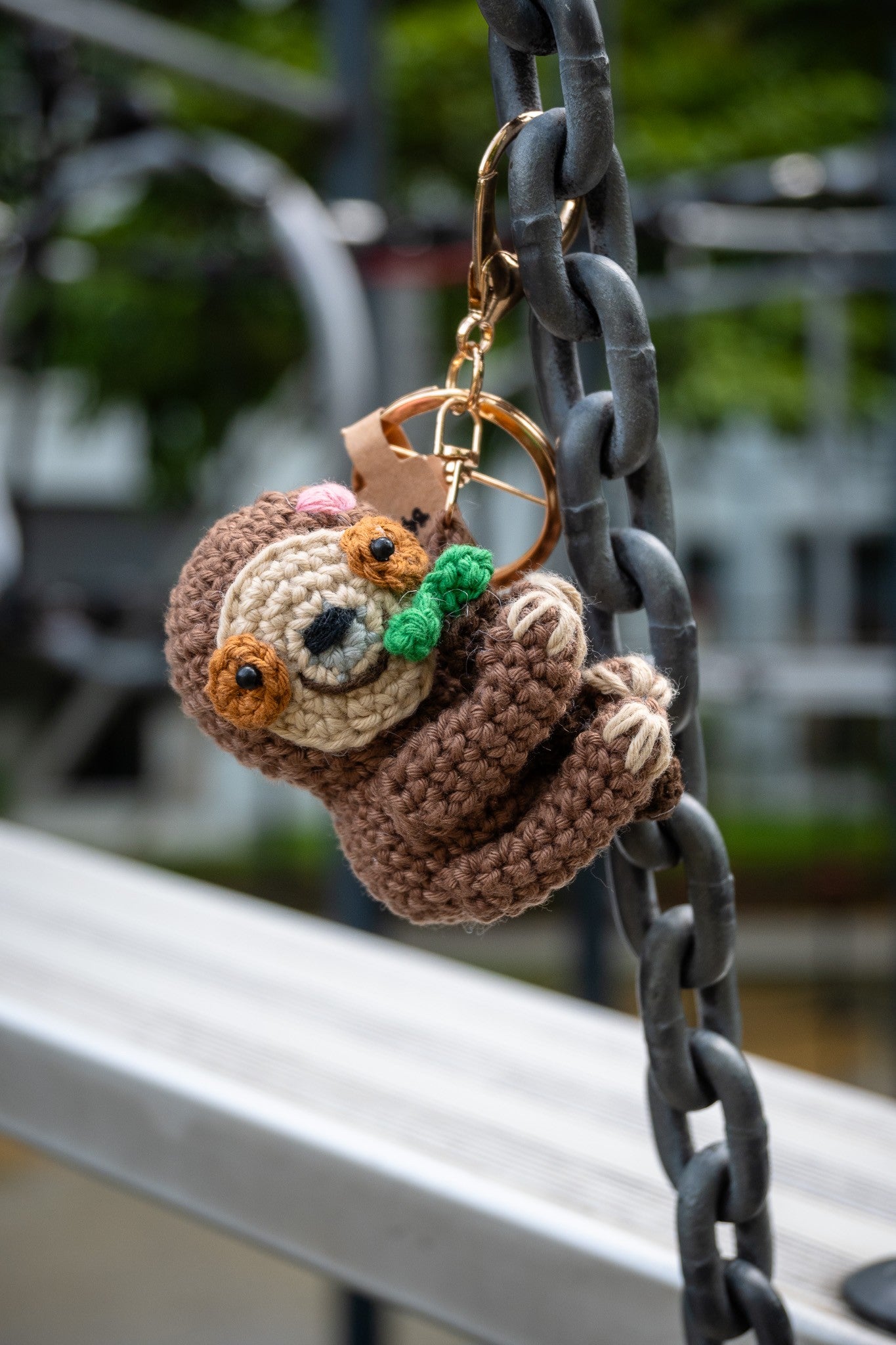 Crochet Wide-eyed Sloth (on a twig) Key Ring